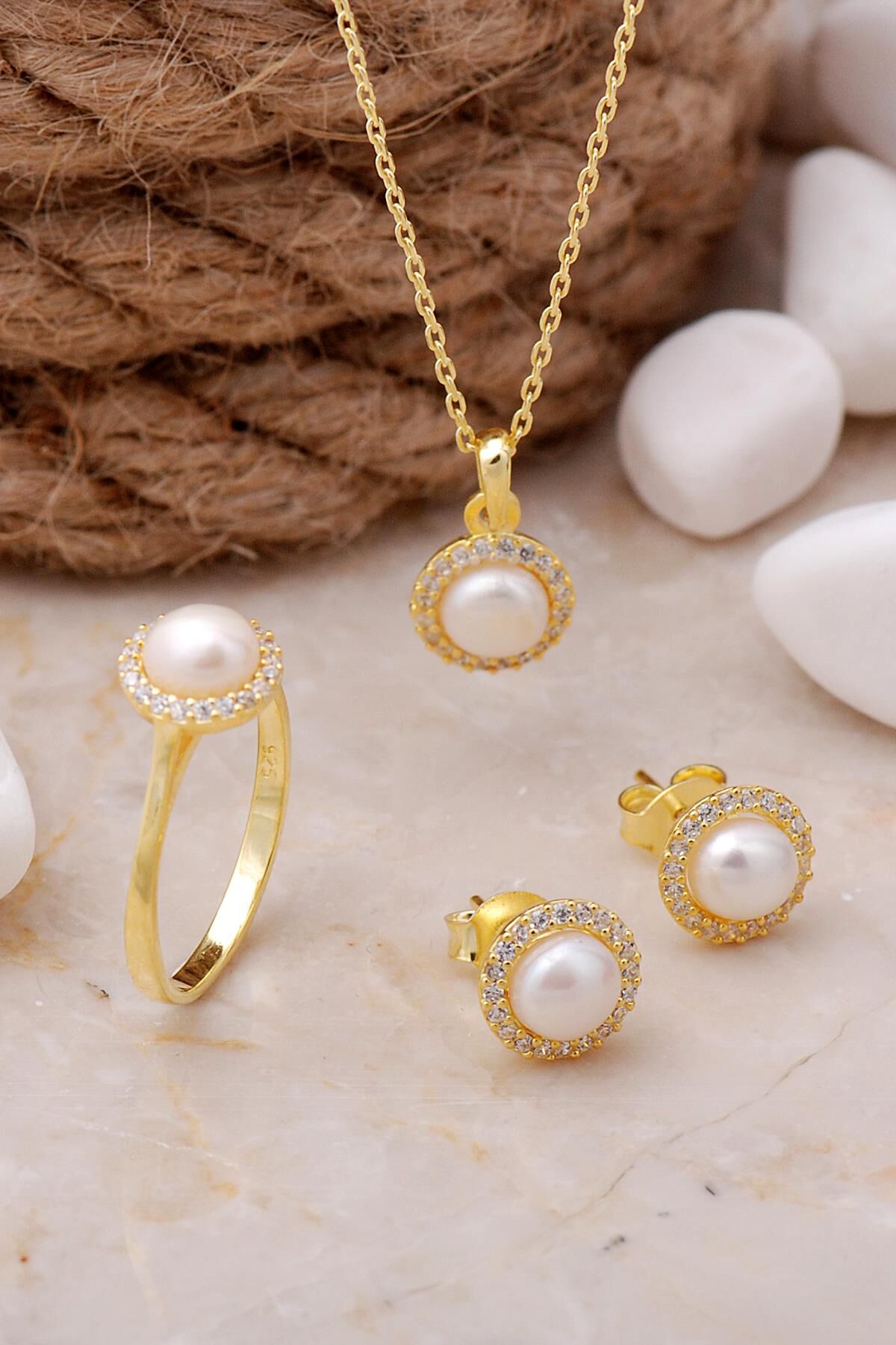 İnci Taşlı Altın Yaldızlı Gümüş Trend Üçlü Set 2491