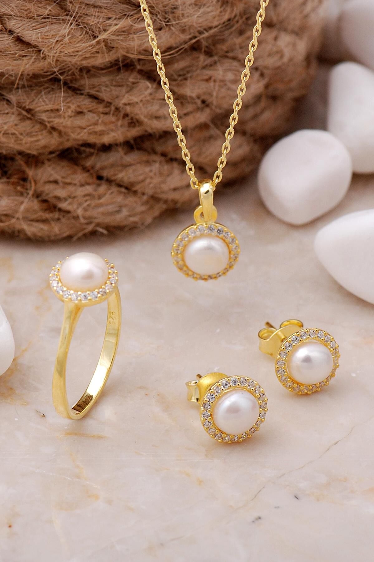 İnci Taşlı Altın Yaldızlı Gümüş Trend Üçlü Set 2491