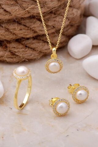 İnci Taşlı Altın Yaldızlı Gümüş Trend Üçlü Set 2491