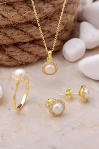 İnci Taşlı Altın Yaldızlı Gümüş Trend Üçlü Set 2491