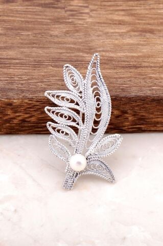 İnci Taşlı Telkari İşlemeli Elişi Gümüş Tasarım Broş 314