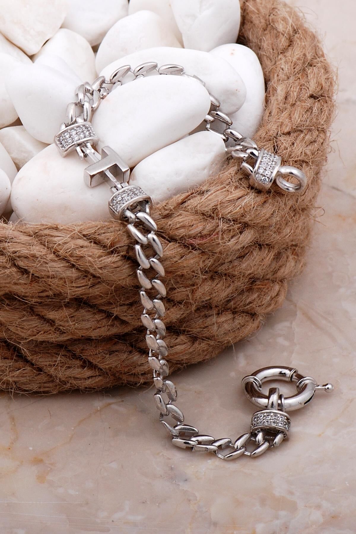 T Harfli Gurmet Rodyumlu Gümüş Bileklik 4091