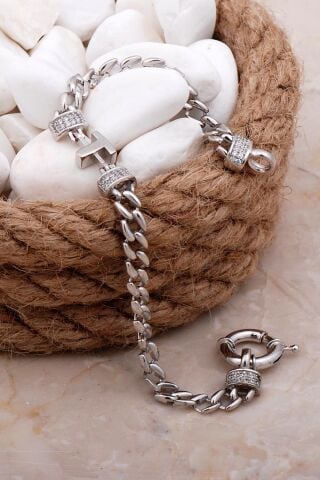 T Harfli Gurmet Rodyumlu Gümüş Bileklik 4091