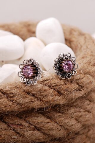 Pembe Kuvars Taşlı Telkari Elişi Gümüş Küpe 5579