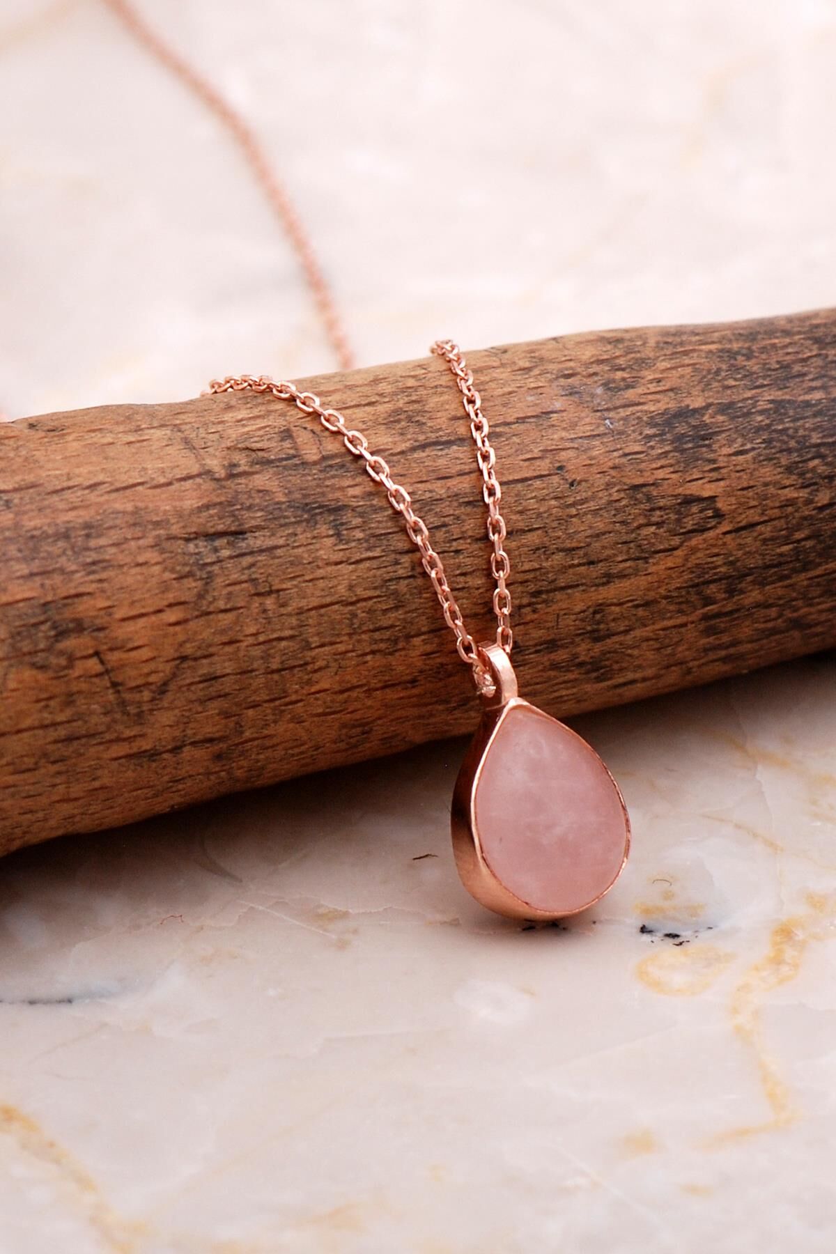 Doğal Pembe Kuvars Taşlı Damla Mini Rose Gümüş Kolye 7752