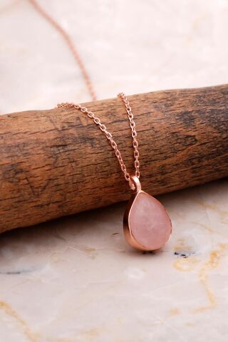 Doğal Pembe Kuvars Taşlı Damla Mini Rose Gümüş Kolye 7752