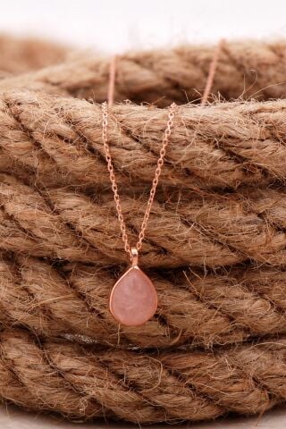 Doğal Pembe Kuvars Taşlı Damla Mini Rose Gümüş Kolye 7752