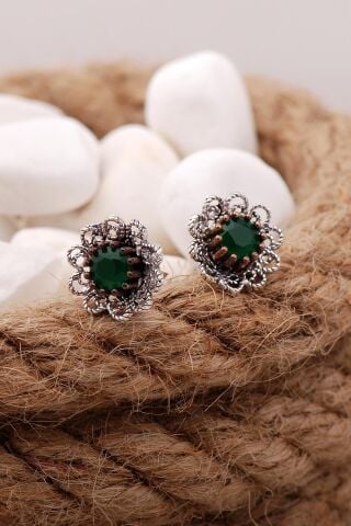 Zümrüt Taşlı Telkari Elişi Gümüş Küpe 5581