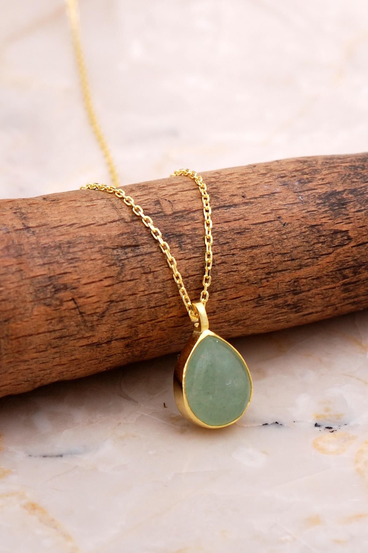 Doğal Prehnit Taşlı Damla Mini Altın Yaldızlı Gümüş Kolye 7753