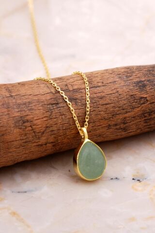 Doğal Prehnit Taşlı Damla Mini Altın Yaldızlı Gümüş Kolye 7753