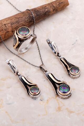 Mistik Topaz Taşlı Tasarım Elişi Gümüş Set 2657