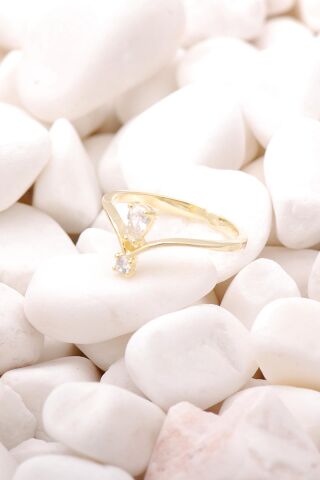 Su Damlası Altın Yaldızlı Gümüş İnce Yüzük 3485