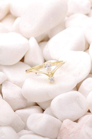 Su Damlası Altın Yaldızlı Gümüş İnce Yüzük 3485