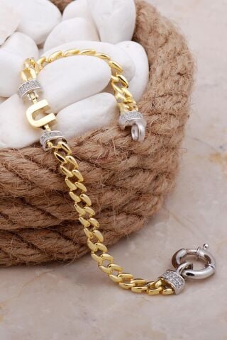 U Harfli Gurmet Altın Yaldızlı Gümüş Bileklik 4093