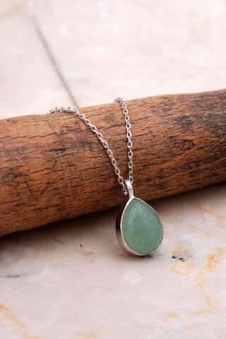 Doğal Prehnit Taşlı Damla Mini Rodyumlu Gümüş Kolye 7754