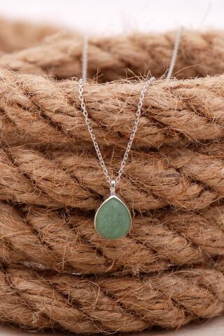 Doğal Prehnit Taşlı Damla Mini Rodyumlu Gümüş Kolye 7754