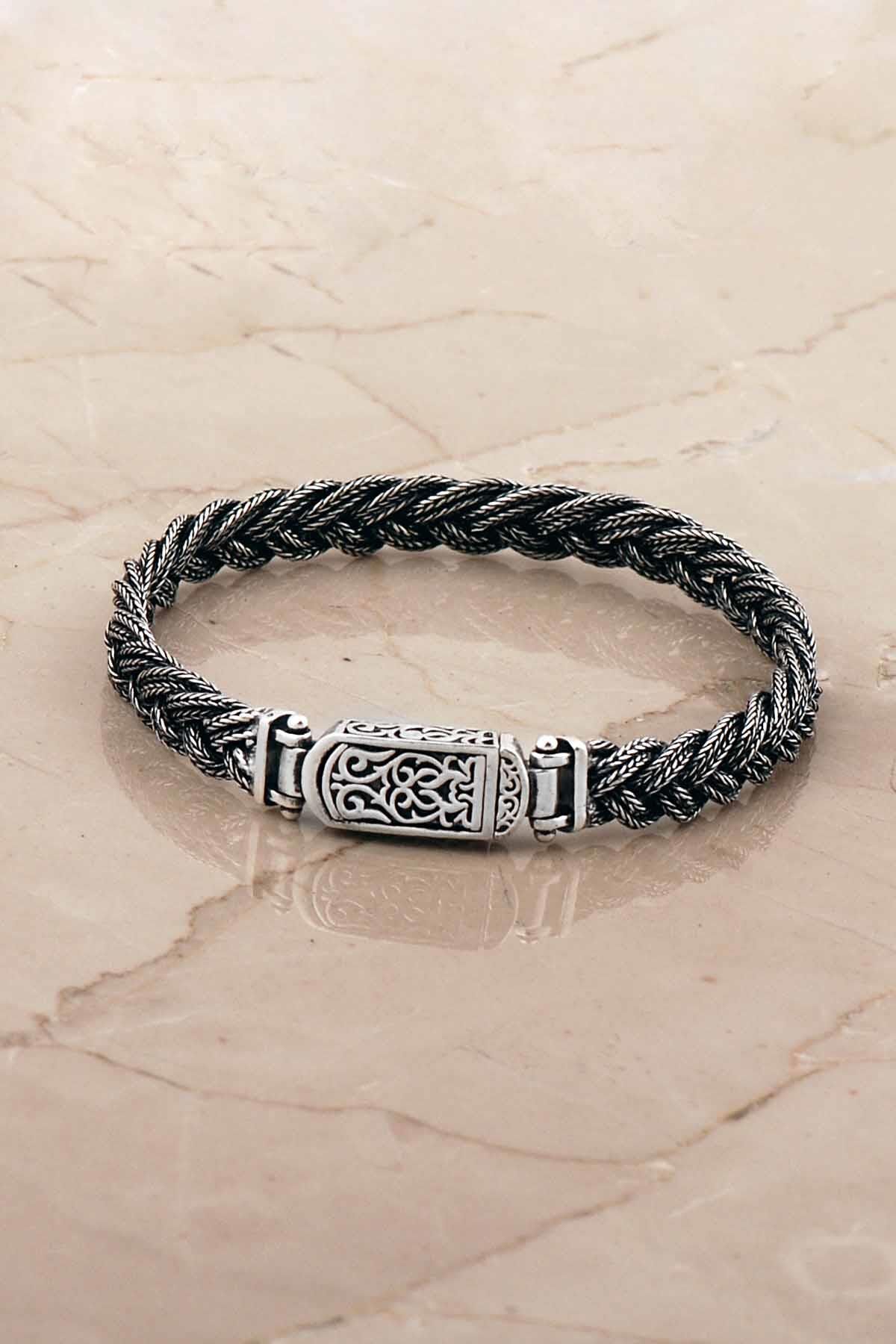 Hasır Örgü Elişi 20,5 Cm Gümüş Erkek Bileklik 4777