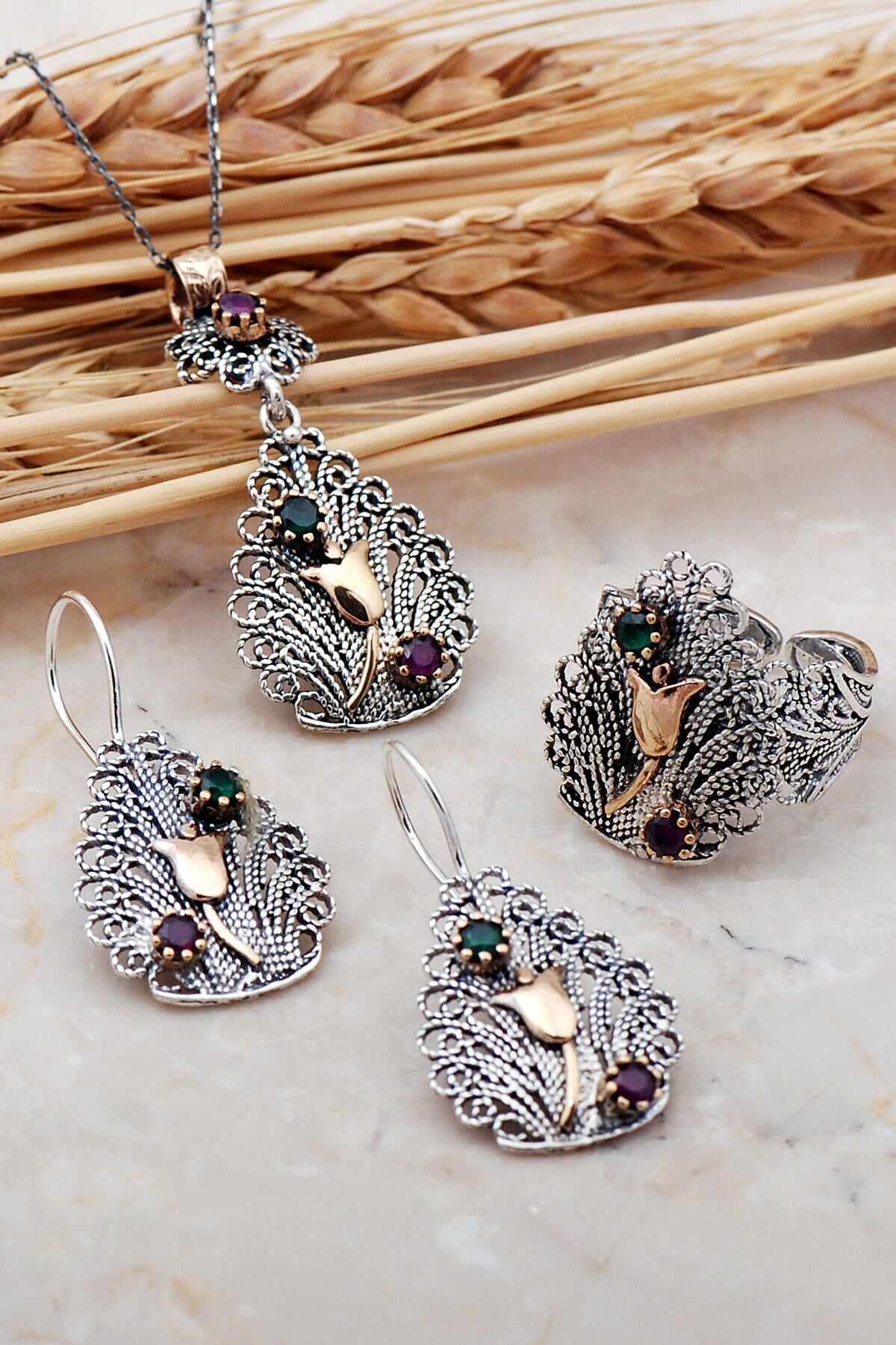 Laleli Telkari Elişi Damla Gümüş Set 2369