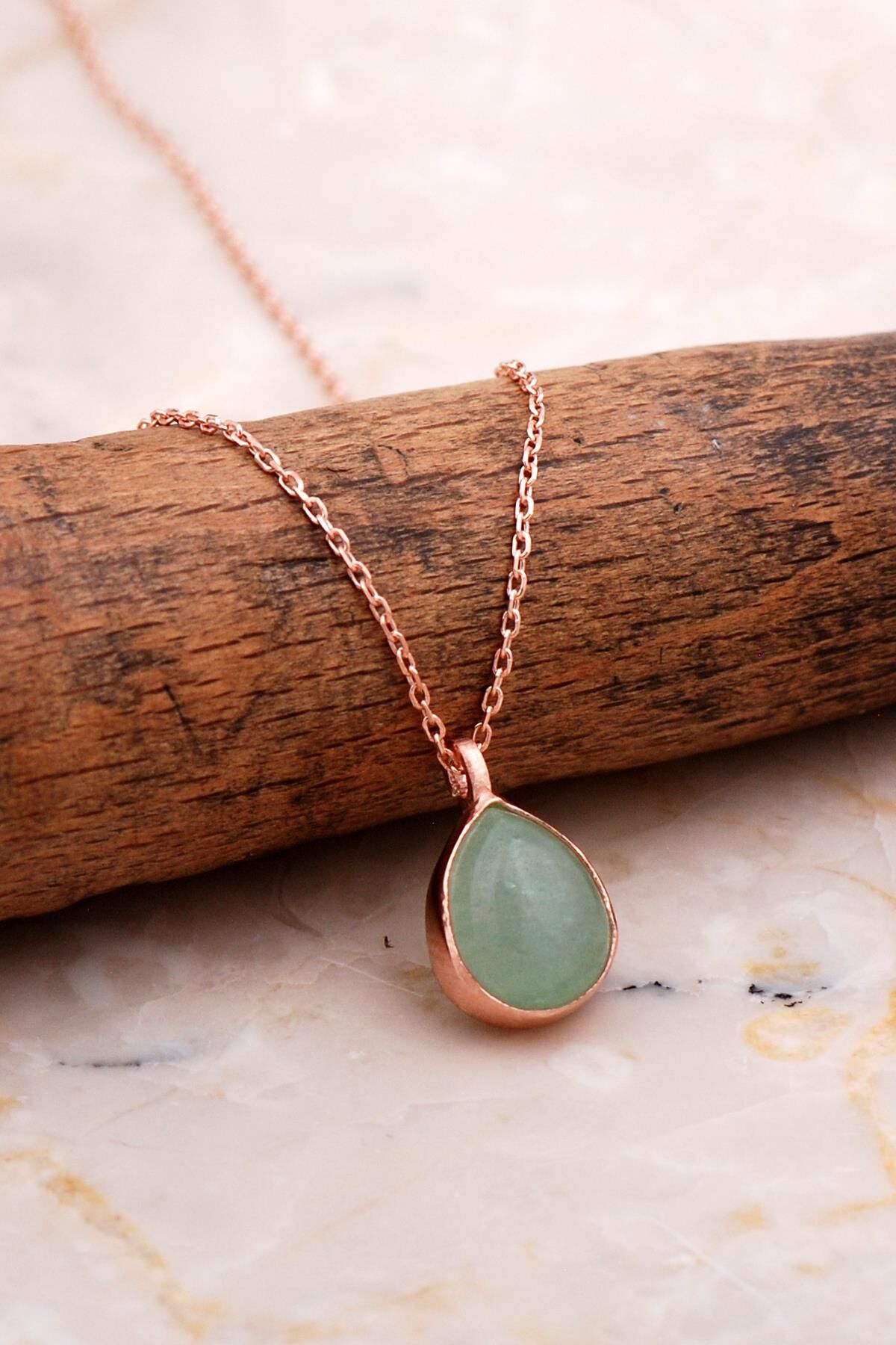 Doğal Prehnit Taşlı Damla Mini Rose Gmüüş Kolye 7755