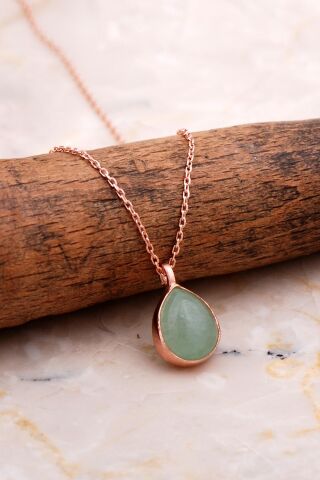 Doğal Prehnit Taşlı Damla Mini Rose Gmüüş Kolye 7755