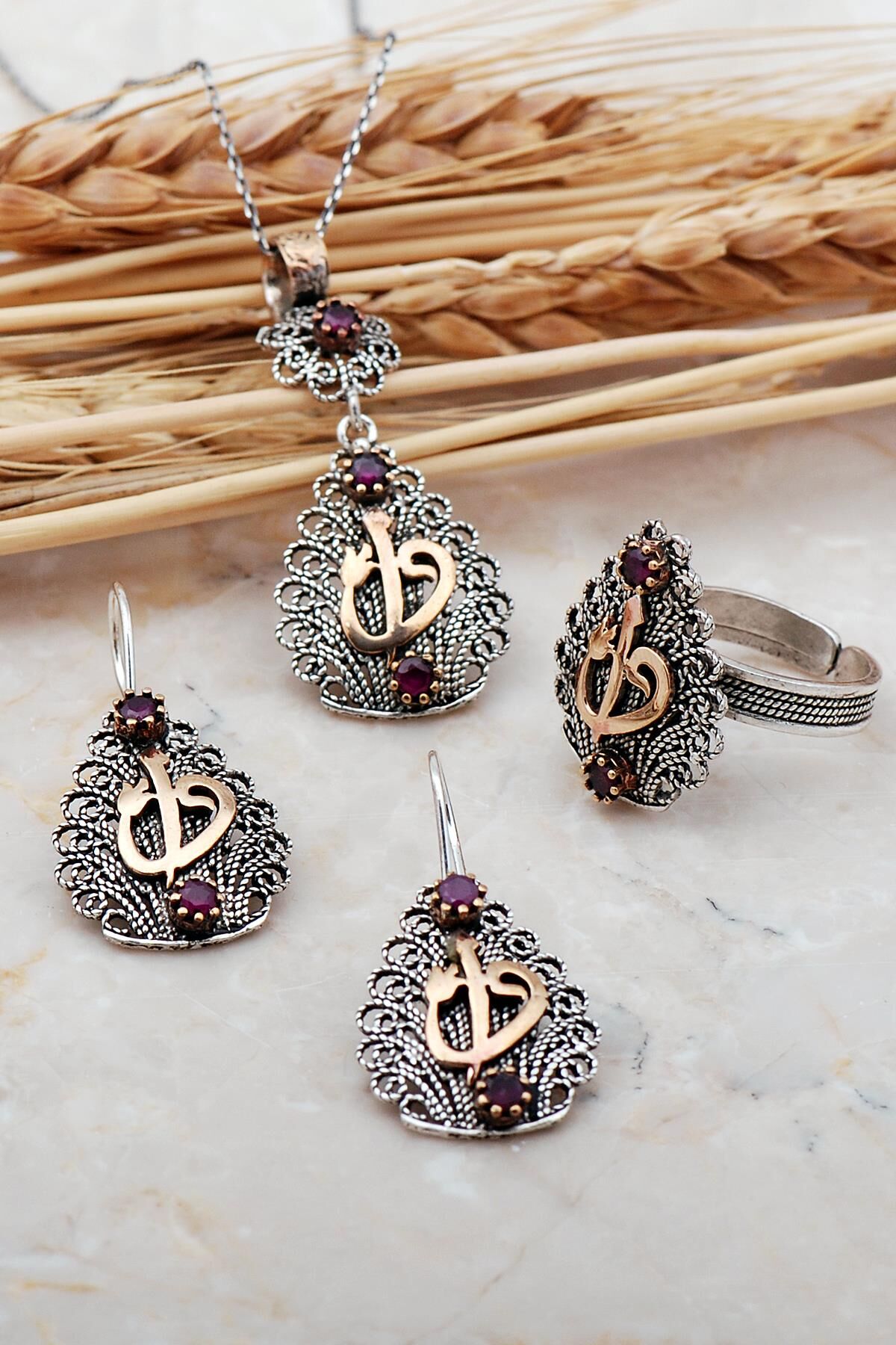 Elif Vav Telkari Elişi Gümüş Set 2370