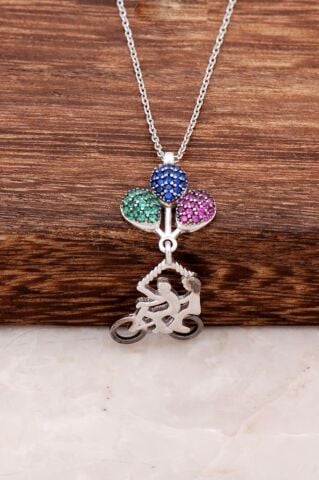 Mutluluktan Uçan Aşıklar Bisikletli Gümüş Kolye 2368