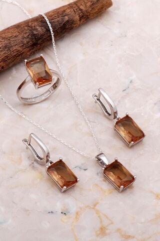 Renk Değiştiren Sultan Taşlı Rodyumlu Gümüş Set 2662