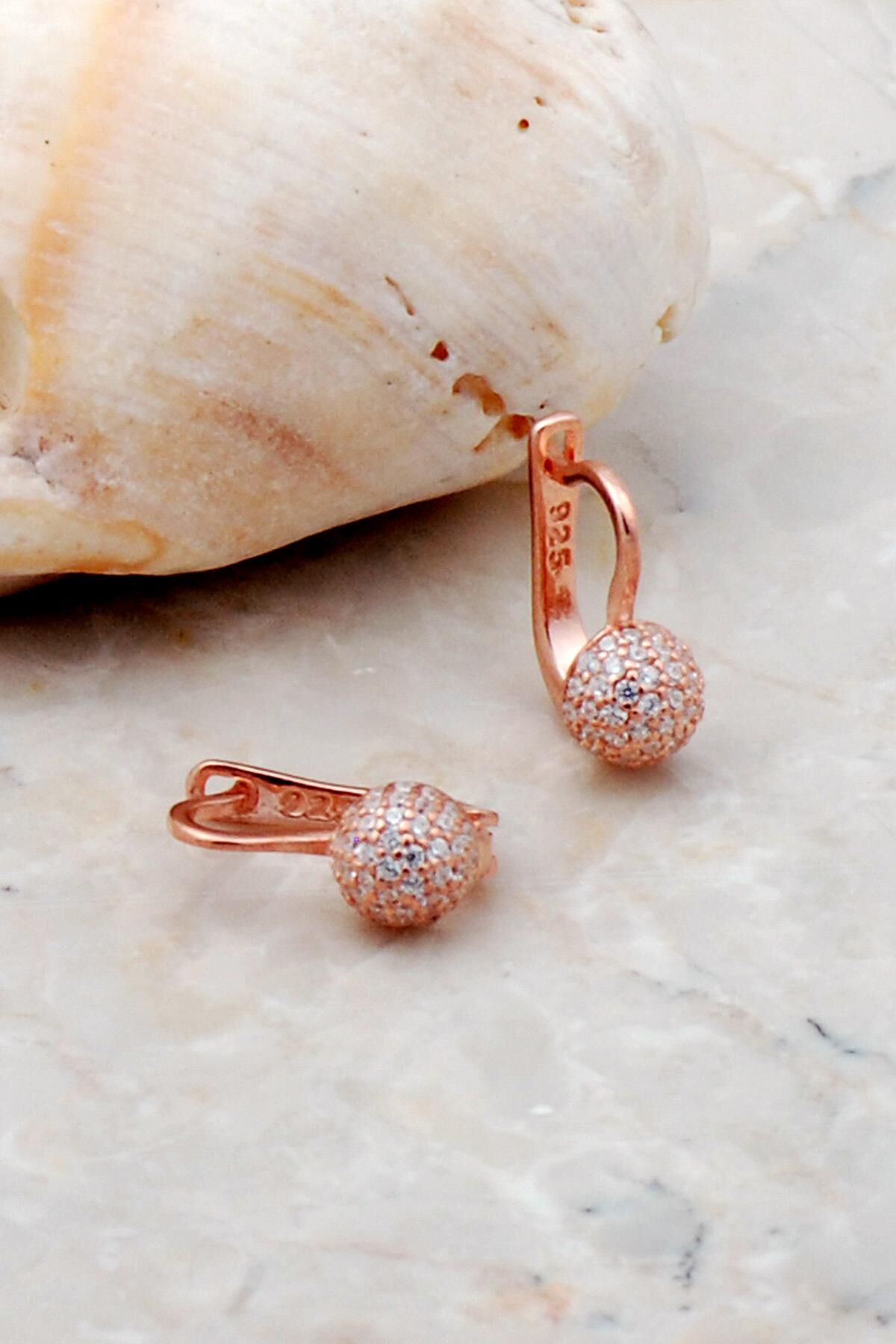 Taşlı Rose Gümüş Top Küpe 5256