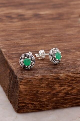 Kök Zümrüt Taşlı Gümüş Küpe 3844