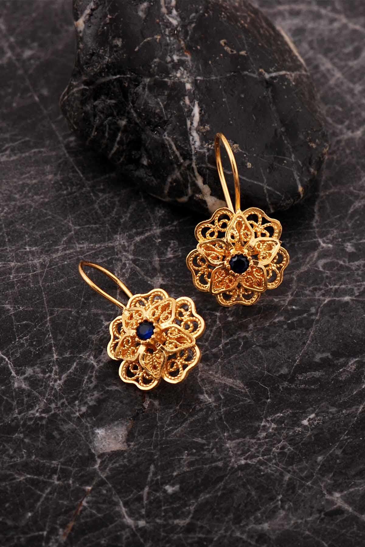 Safir Taşlı Telkari Elişi Altın Kaplama Gümüş Çiçek Küpe 7250