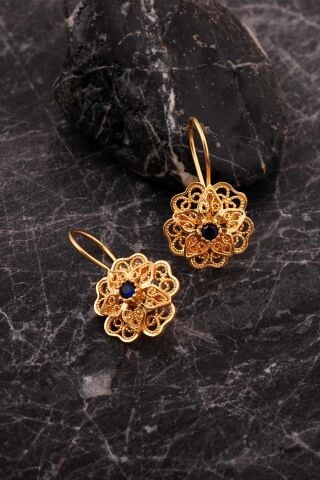 Safir Taşlı Telkari Elişi Altın Kaplama Gümüş Çiçek Küpe 7250