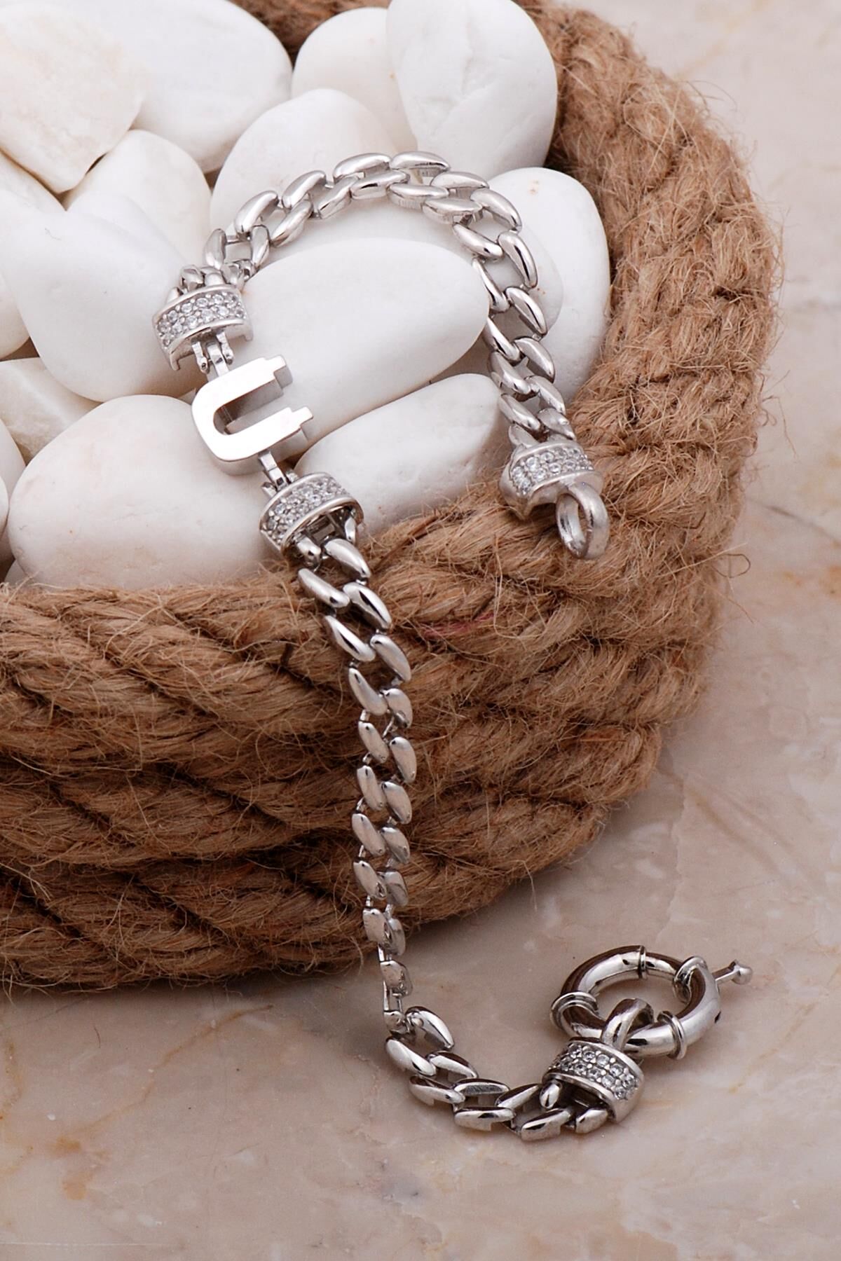 Ü Harfli Gurmet Rodyumlu Gümüş Bileklik 4097