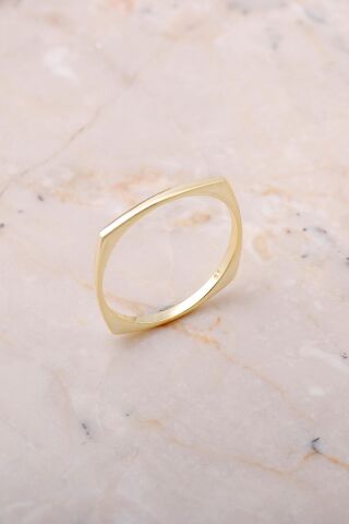 Kare Altın Yaldızlı Gümüş Tasarım İnce Yüzük 3493