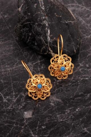 Turkuaz Taşlı Telkari Elişi Altın Kaplama Gümüş Çiçek Küpe 7252