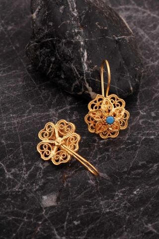 Turkuaz Taşlı Telkari Elişi Altın Kaplama Gümüş Çiçek Küpe 7252