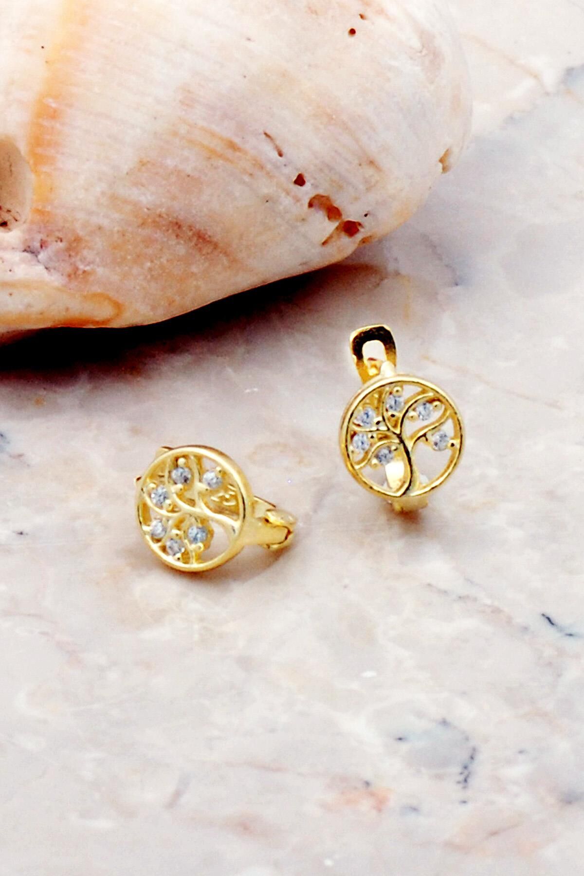 Hayat Ağacı Altın Yaldızlı Gümüş Küpe 2562