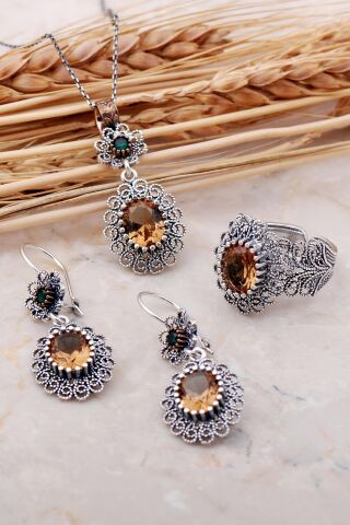 Renk Değiştiren Sultan Taşlı Telkari Elişi Gümüş Set 2378