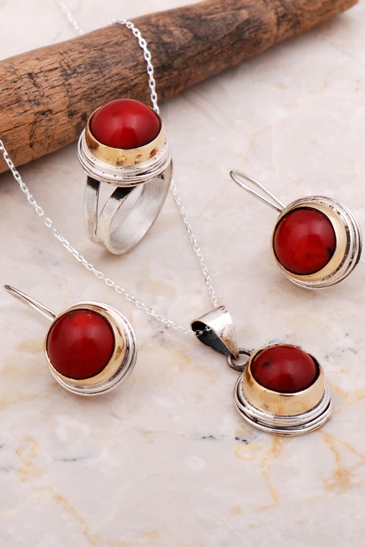 Mercan Taşlı Sarma Elişi Gümüş Set 2666