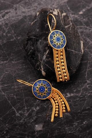 Mardin Güneşi Altın Kaplama Mineli Hasır 925 Ayar Gümüş Küpe 7254