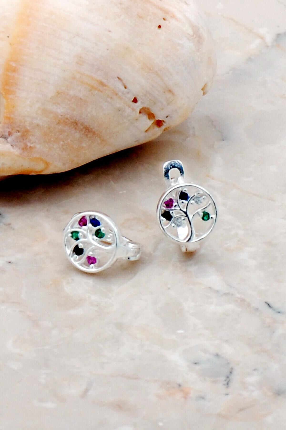 Hayat Ağacı Mix Taşlı Gümüş Küpe 5264