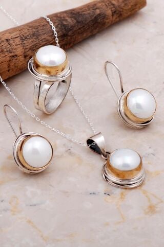 İnci Taşlı Sarma Elişi Gümüş Set 2667