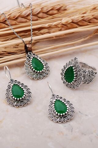 Kök Zümrüt Taşlı Telkari Elişi Damla Gümüş Set 2380