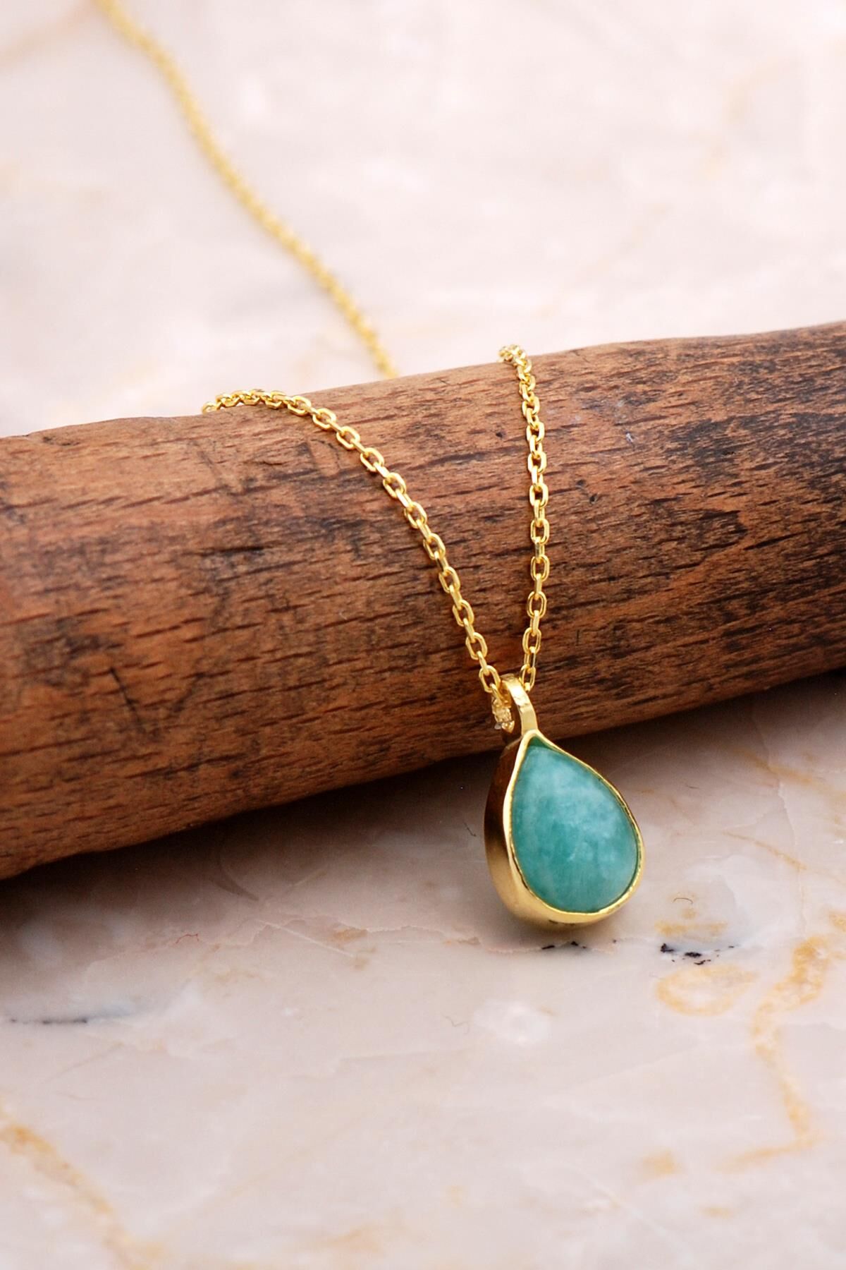 Doğal Amazonit Taşlı Damla Mini Altın Yaldızlı Gümüş Kolye 7756