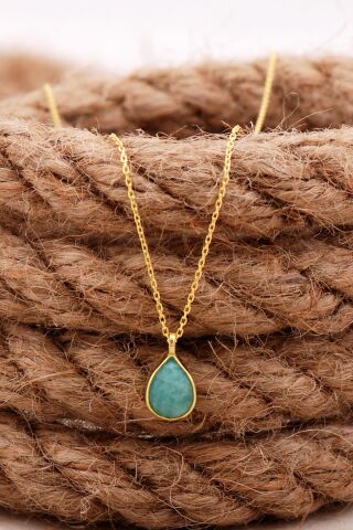 Doğal Amazonit Taşlı Damla Mini Altın Yaldızlı Gümüş Kolye 7756