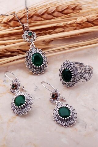 Kök Zümrüt Taşlı Telkari Elişi Gümüş Set 2381