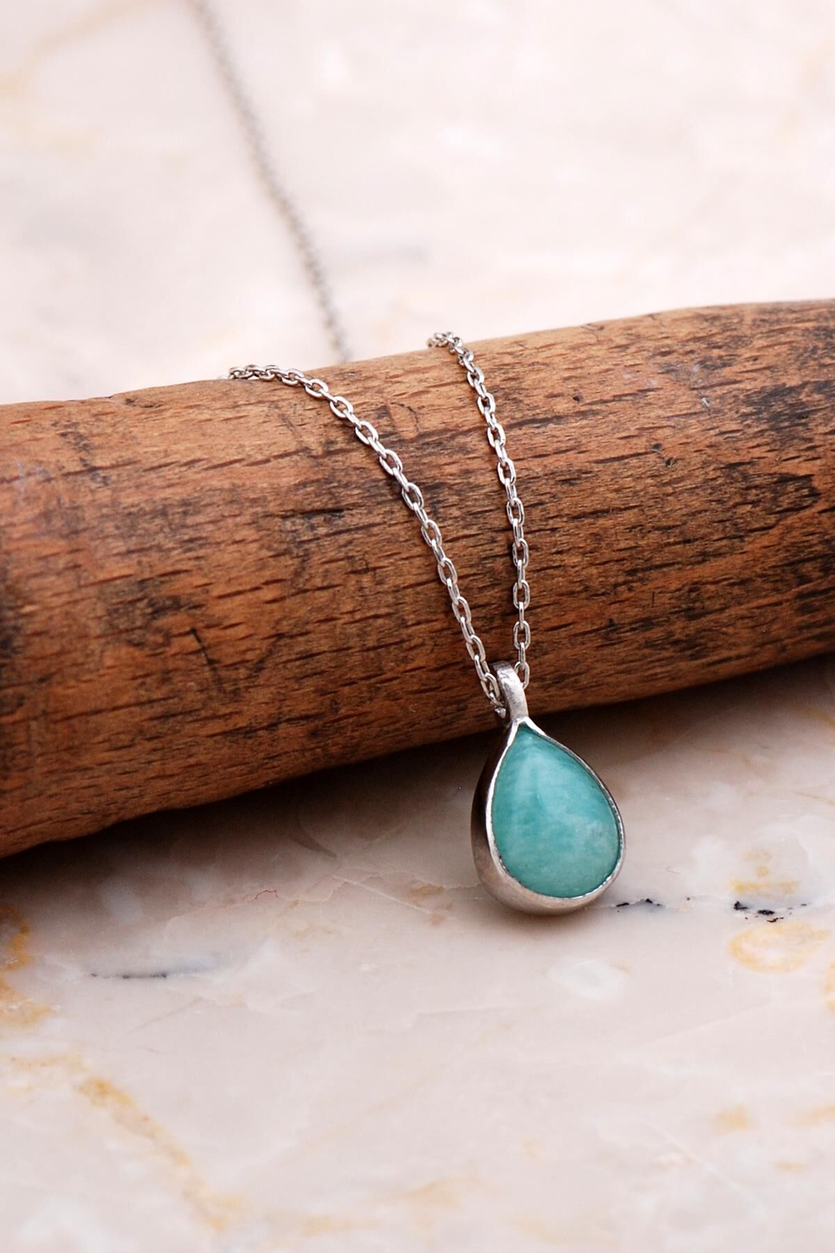 Doğal Amazonit Taşlı Damla Mini Rodyumlu Gümüş Kolye 7757