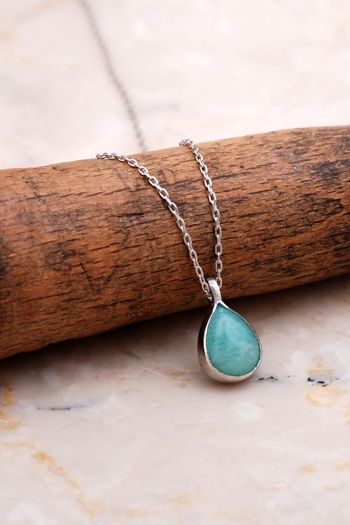 Doğal Amazonit Taşlı Damla Mini Rodyumlu Gümüş Kolye 7757