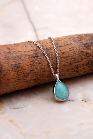 Doğal Amazonit Taşlı Damla Mini Rodyumlu Gümüş Kolye 7757