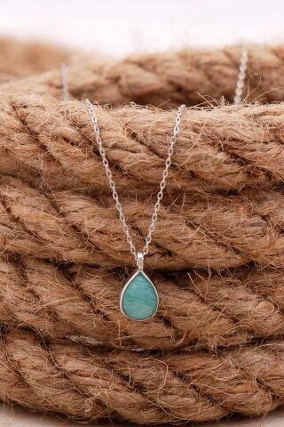 Doğal Amazonit Taşlı Damla Mini Rodyumlu Gümüş Kolye 7757