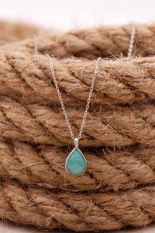 Doğal Amazonit Taşlı Damla Mini Rodyumlu Gümüş Kolye 7757